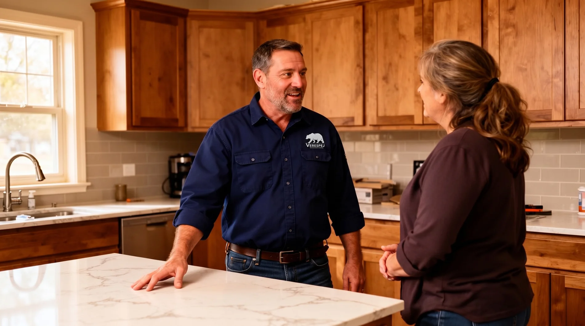 Dan Verespej discussing a kitchen remodel with a homeowner in Omaha, NE
