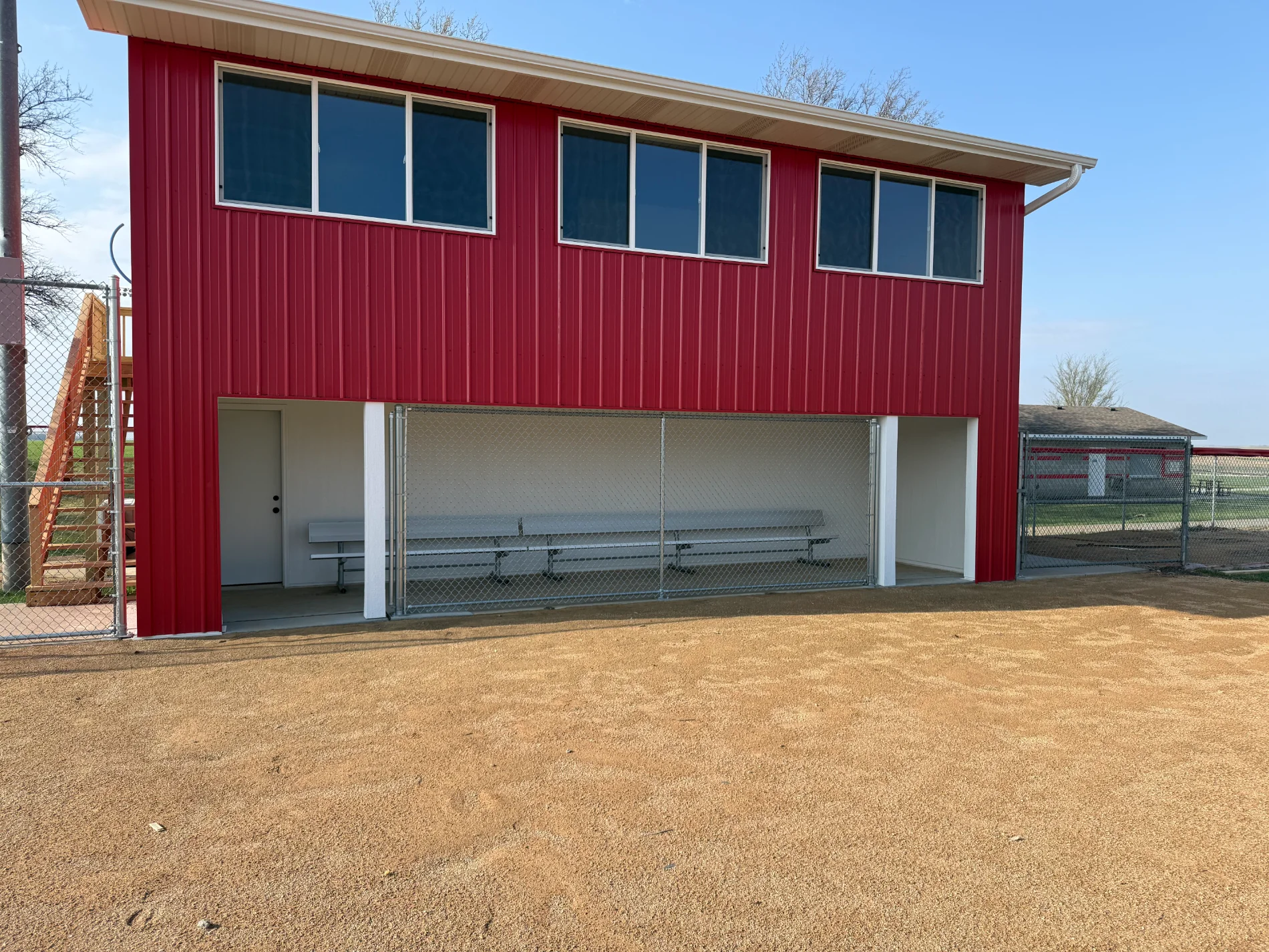Softball field box, exterior front view