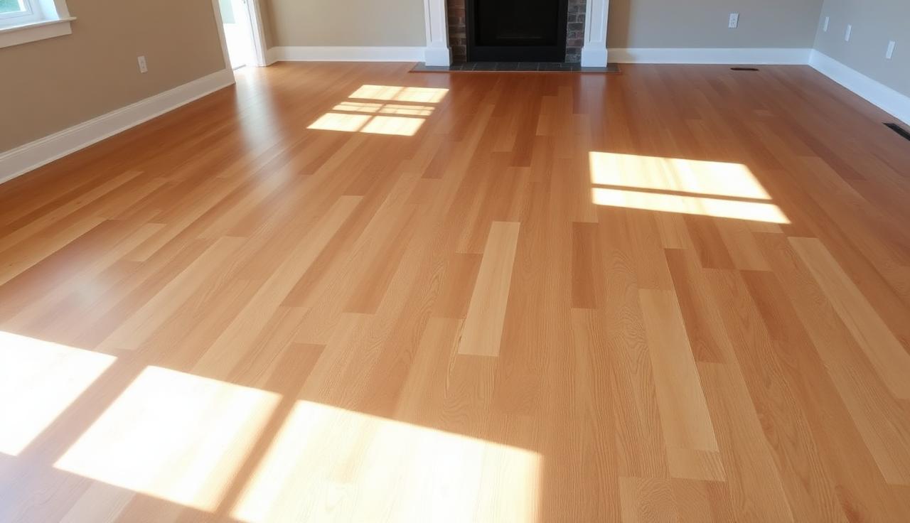 Freshly installed wide plank hardwood floor in a residential living room