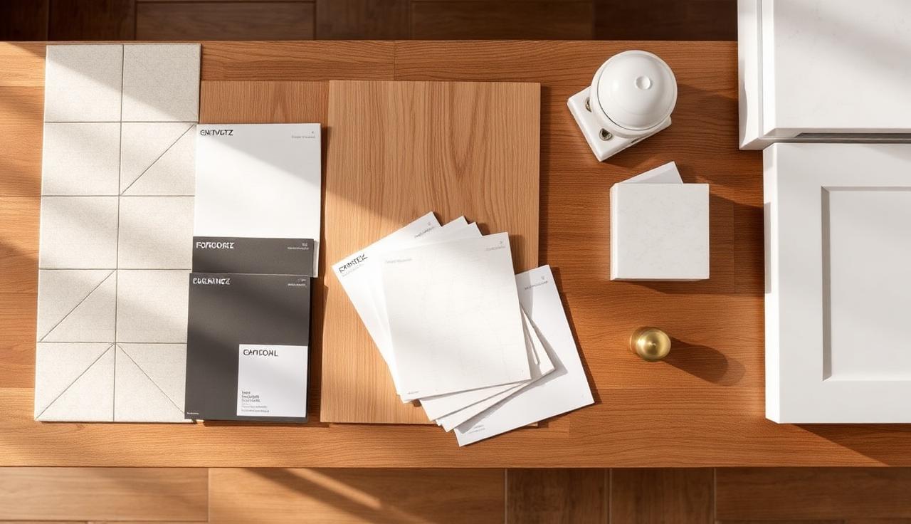 Material selection mood board with tile, wood, and quartz samples