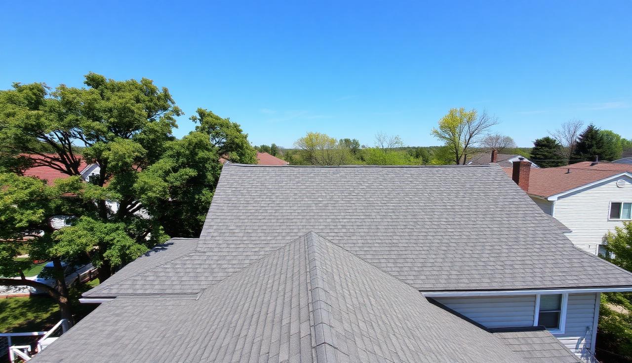 Residential pitched roof with fresh asphalt shingles seen from above